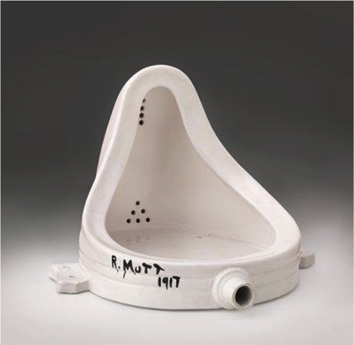 Marcel Duchamp’s Fountain (1917), a well-known instance of defamiliarization: once placed in a museum and given a new title, the perception of the common urinal changes dramatically.